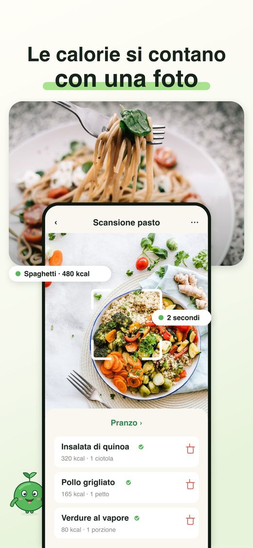 La scansione del pasto in CaloAI: foto al piatto e alimenti riconosciuti