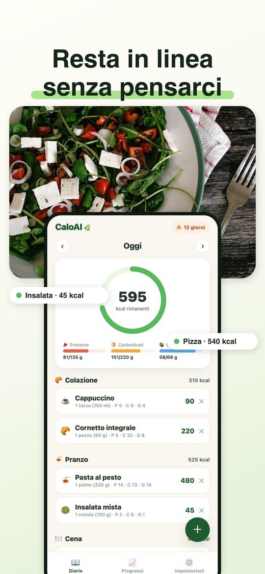 Il diario di CaloAI con anello delle calorie e macro
