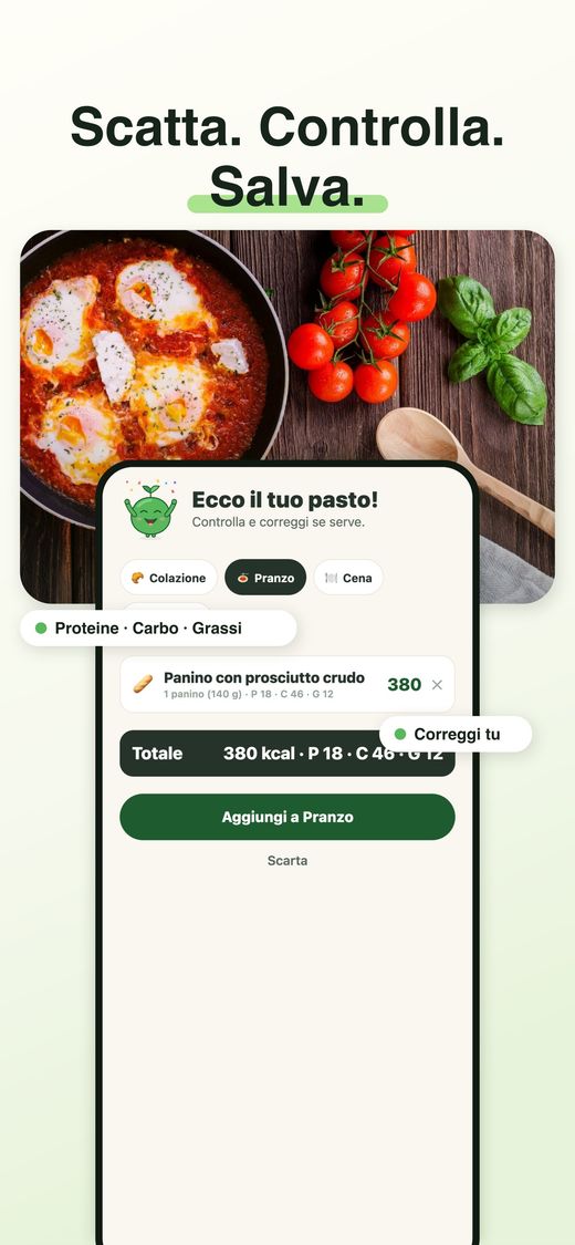 Conferma del pasto in CaloAI con macro calcolati